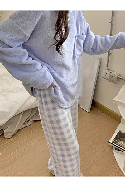 Take Two By Styli Blue Flano Pocket Detail Top and Checked Pyjama Set