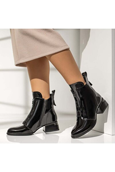 Modlet.ro Women's black leather block heel ankle boots with zipper MOD14025