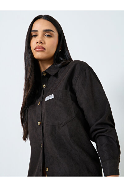 Styli Black Oversized Shirt with Badge Detail
