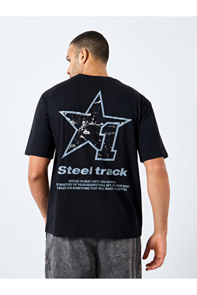 Styli Men Black Oversized Printed Jersey T-Shirt