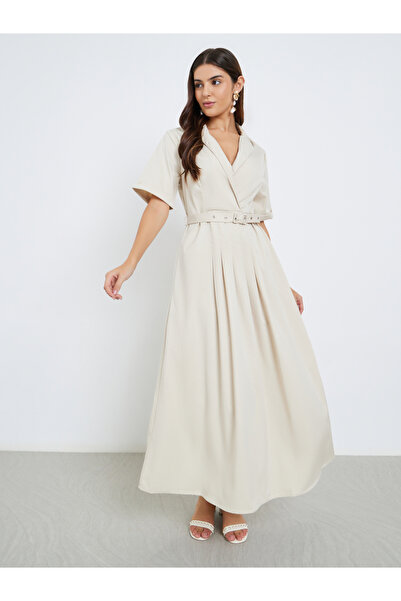 Styli Notch Lapel Belted A-Line Maxi Dress