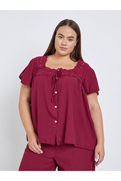 Styli Plus Burgundy Lace Detail Top and Pyjama Set