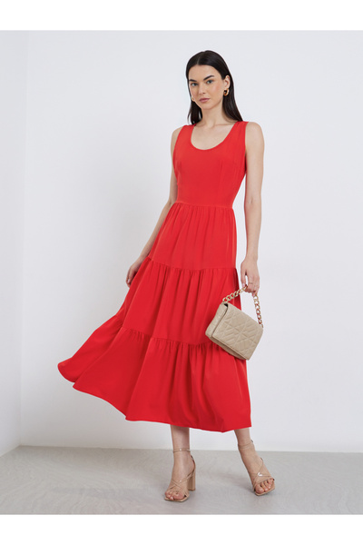 Take Two By Styli Solid Sleeveless Tiered Midi Dress