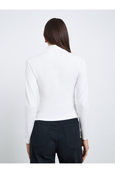 Take Two By Styli White High Neck Ruching Detail Long Sleeve Top