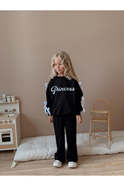 WİKİBOOM Girl's Princess Printed Top and Bottom Long Set Black (5-E)