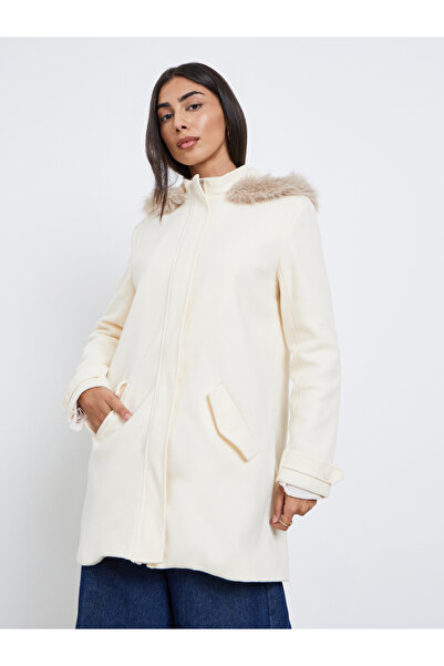 Styli Off White Longline Wool Like Coat with Faux Fur Trim