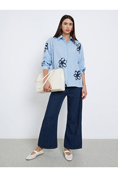 Styli Blue Striped Floral Print Oversized Shirt