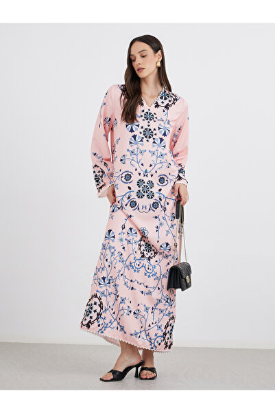 Styli Peach Floral Print V Neck Jalabiya