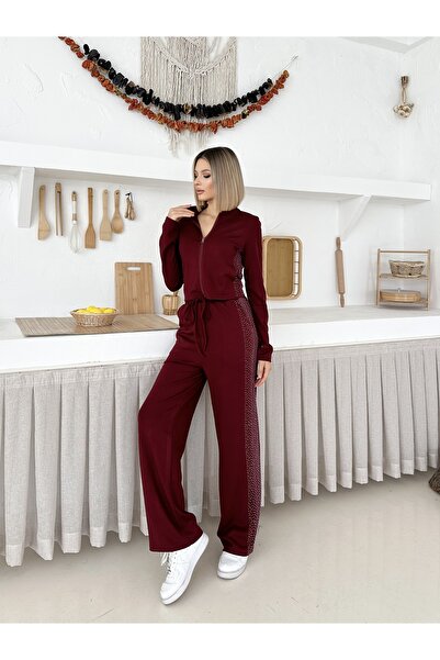 LE CARAMBOLE Women's Burgundy Side Stone Detailed Zippered Top and Bottom Set