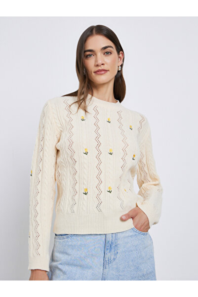 Styli Cream Floral Embroidered Cable Knit Sweater