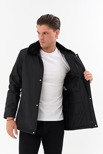 SİVAİST Men's Black Detachable Collar Fur Water-Repellent Fur-Lined Coat – Windproof, Lightweight and Durable