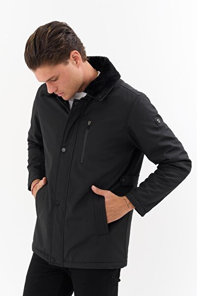 SİVAİST Men's Black Detachable Collar Fur Water-Repellent Fur-Lined Coat – Windproof, Lightweight and Durable