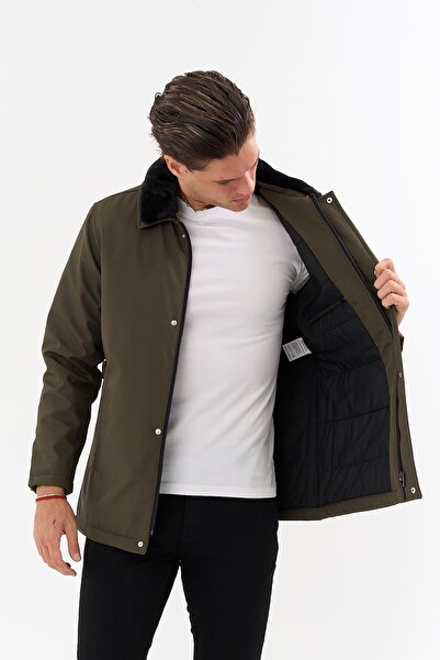 SİVAİST Men's Green Collar Detachable Fur Water-Repellent Fur-Lined Coat – Windproof, Lightweight and Durable