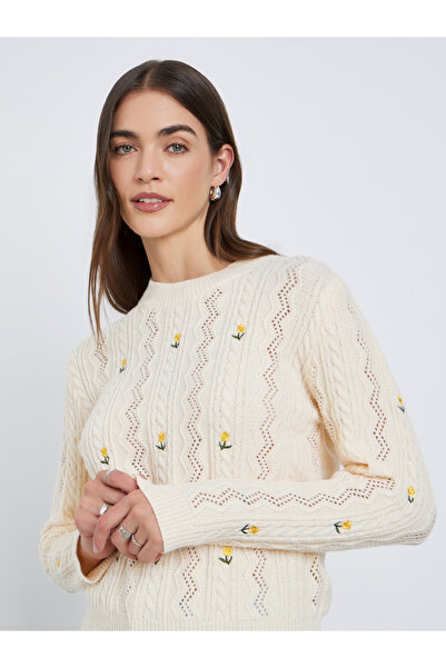 Styli Cream Floral Embroidered Cable Knit Sweater