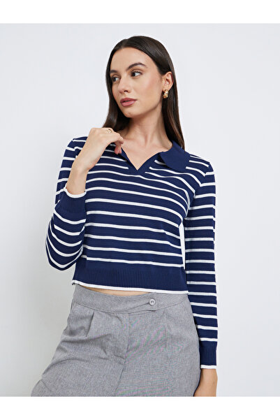 Take Two By Styli Navy Striped Polo Neck Sweater
