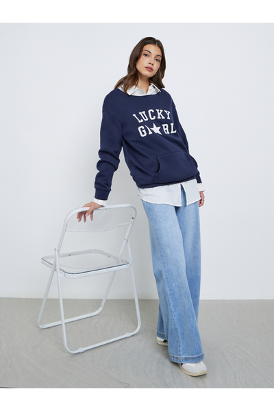 Take Two By Styli Navy Blue Oversized Slogan Print Sweatshirt