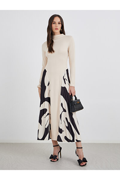 Styli Printed Pleated Long Sleeves A-Line Midi Dress