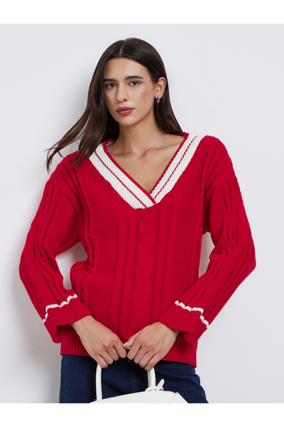 Take Two By Styli Red Cable Knit Oversized Sweater