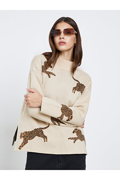 Take Two By Styli Beige Leopard Print Oversized Sweater