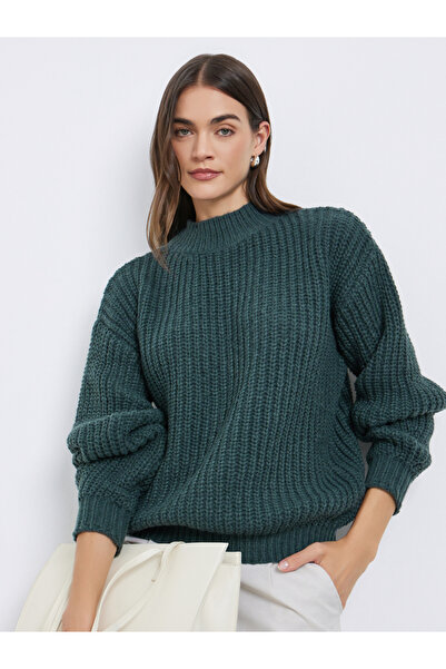 Styli Dark Green High Neck Chunky Knit Sweater