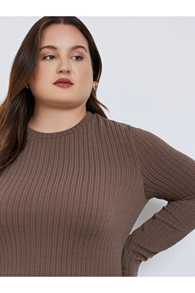 Styli Plus Size Brown Cable Knit Midi Dress