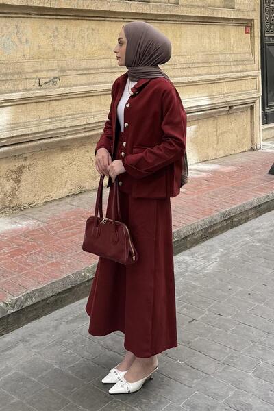 lamelif Pocket Detailed Double Skirt Hijab Suit Burgundy