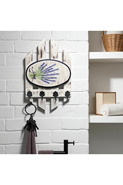 Decoratiuni Vintage Casa Retro Cuier de perete din lemn, pictat manual, 4 agatatori, Suport chei Lavanda , inaltime 48 cm