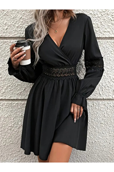 Modayakamoz New Season Women's Short Crepe Dress Double Breasted Collar Lace ...