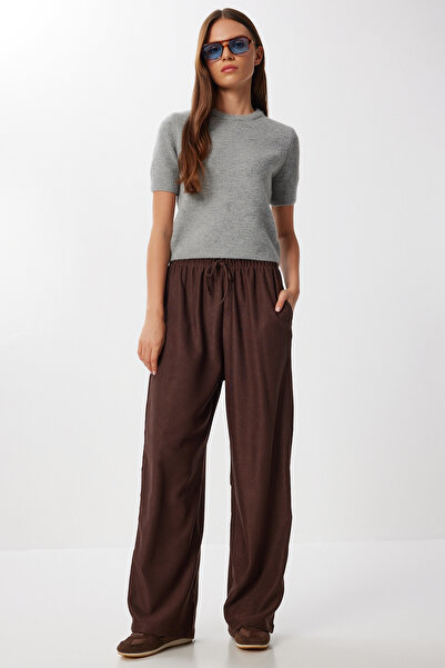 Lovelyİstanbul Geniş Paça Fitilli Örme Pantolon LMW0031 KAHVERENGİ