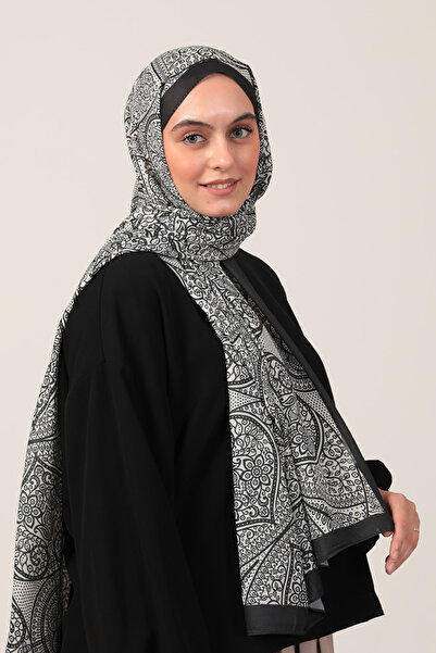 ipekistanbul Cotton Silk Shawl - Ivy Pattern - Black and White