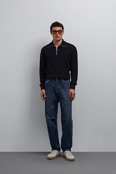 Antioch Navy Blue Zippered Knitwear Men's Sweater