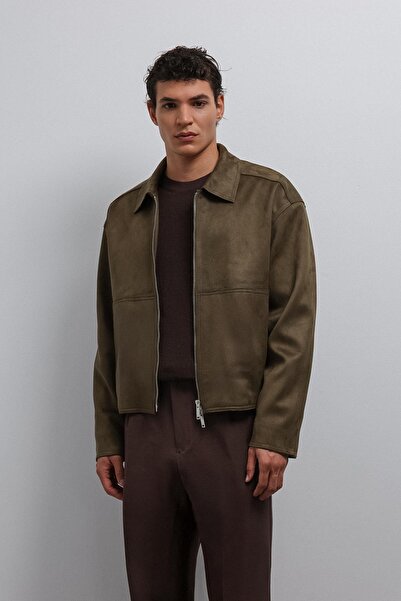 Antioch Khaki Zippered Faux Suede Men's Coat