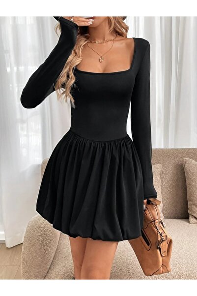 Modayakamoz Yeni Sezon Kadın Mini Modal Elbise Kare Yaka Uzun Kollu Balon Etek