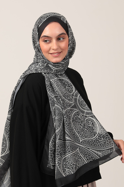 ipekistanbul Cotton Silk Shawl - Ivy Pattern - Black