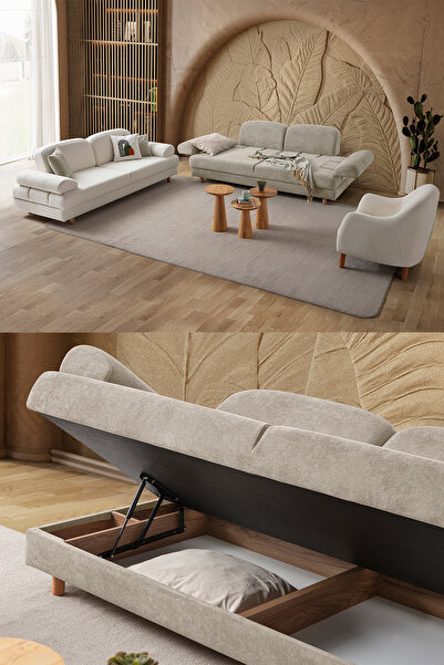 Eymense Aries Yataklı Sandıklı Koltuk Takımı 3+3+1 Sütlü Kahve