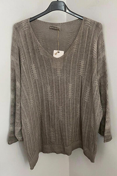 AYASOFYA OTANTIK Women's Italian Mink V-Neck Bat Sleeve Stripe Patterned Loose Knitwear Blouse