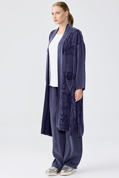 Tığ Triko Desenli Ve Düz Kumaş Kombinli Uzun Hırka Takım LACİVERT