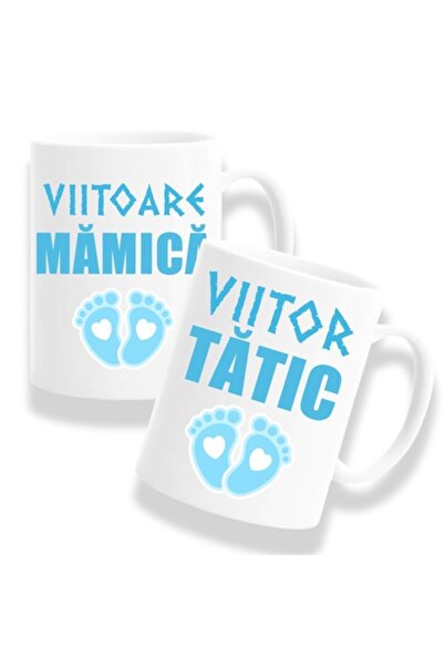 OEM Set 2 căni personalizate pentru viitori părinți cu mesajul „Viitor tată, viitoare mamă”, model albastru, Betap