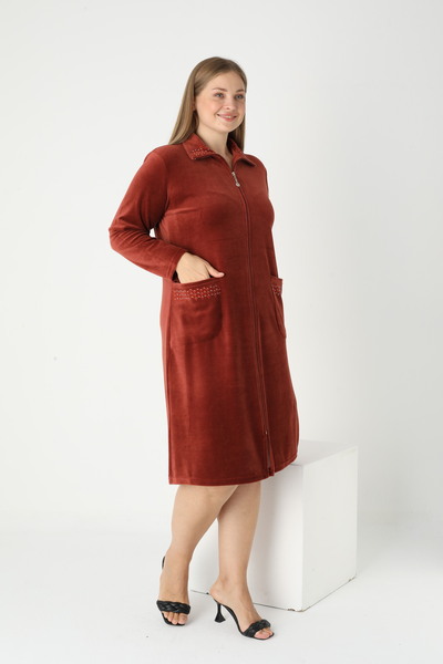 STELLETO Plus Size Zippered Velvet Dress with Collar Stone Detail and Pocket Detail