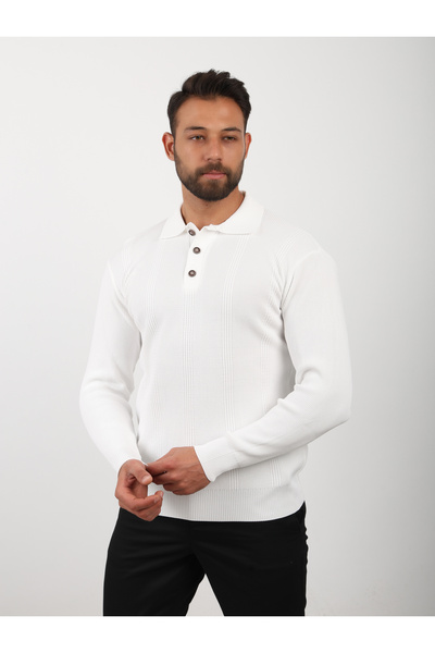 VALERO Men's Standard Fit Regular Cut Buttoned Polo Neck White Knit Sweater