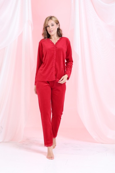 MEBA Women's Front Buttoned Velvet Lace Collar Detailed, Dowry Red Pajama Set Gn-255