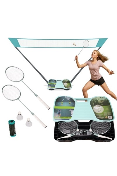 KESNUP Set de badminton cu 2 palete, 2 volane, fileu, 2 suporturi, Albastru / Alb / Negru