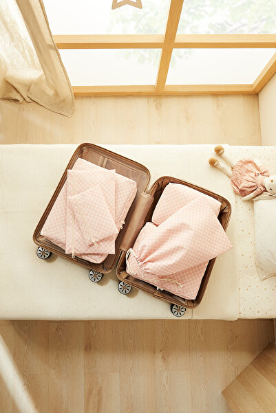 Ocean Home Textile 6'lı Pembe Dama Pamuklu Valiz Düzenleyici Bavul İçi Organizer Set, Seyahat Hurcu
