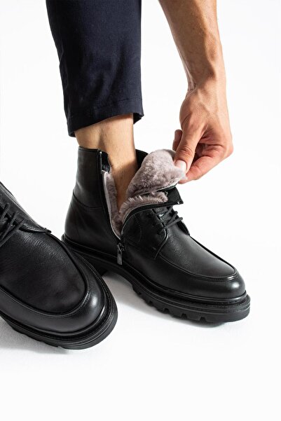 MEEGORA Men's Black Genuine Leather-Fur Boots