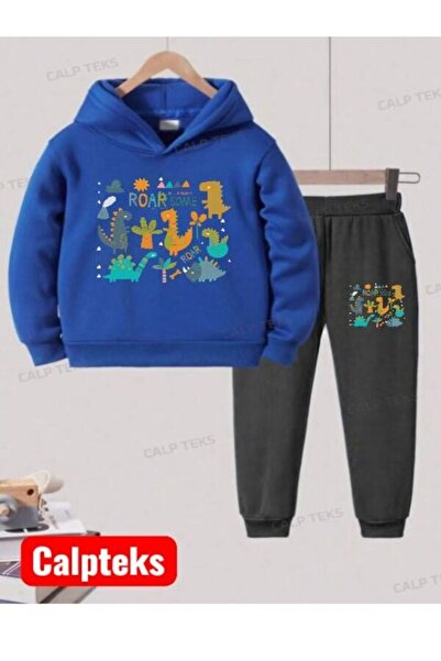 CALP TEKS Dinosaur Printed Thick Cotton Hooded Children's Tracksuit Set