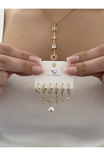 GİS JEWELRY YSX Çelik 6”lı Charm Zirkon Taşlı İncili Küpe