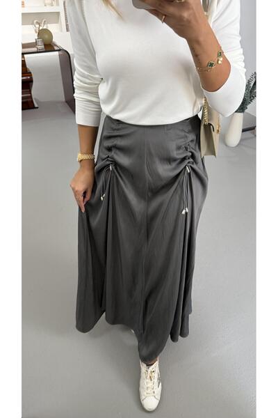 Sezgi Tekin Gathered Detail Elastic Waist Wrinkled Effect Anthracite Satin Skirt
