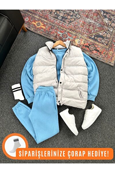 tetramoda Padded Puffer Vest and Three Thread Compact Crew Neck Cotton Inside Oversize Tracksuit Set 3-Piece Set