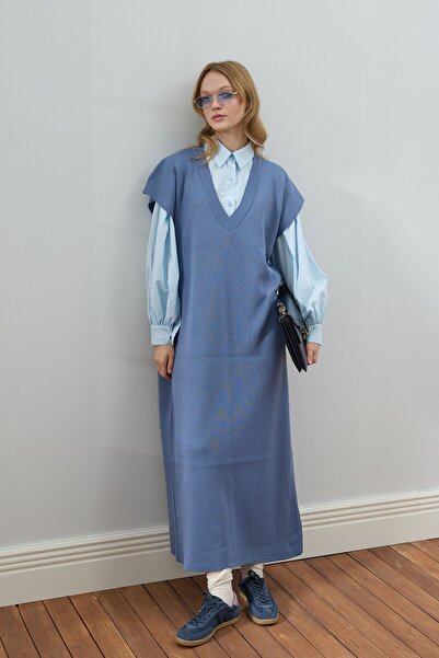 Ceylan Otantik İndigo Triko V Yaka Jile & Soft Mavi Klasik Yaka Crop Gömlek Takım