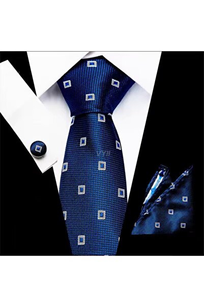 KESNUP Set elegant de cravată, batistă și 2 butoni, model în carouri alb/albastru